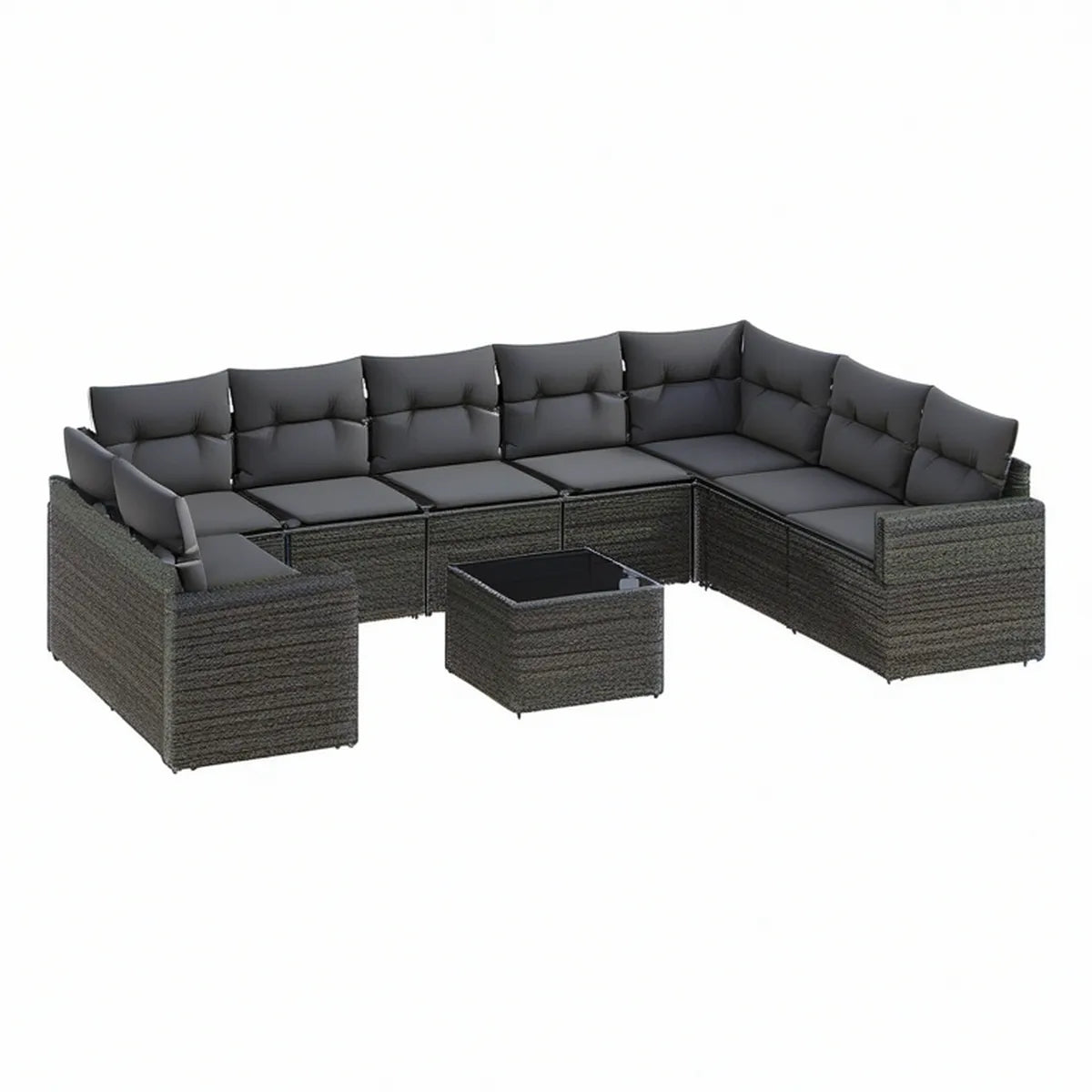Conjunto Modular em U de 9 Peças para Exterior em Rattan PE Cinzento-Escuro, Módulos 70 x 70 x 60 cm