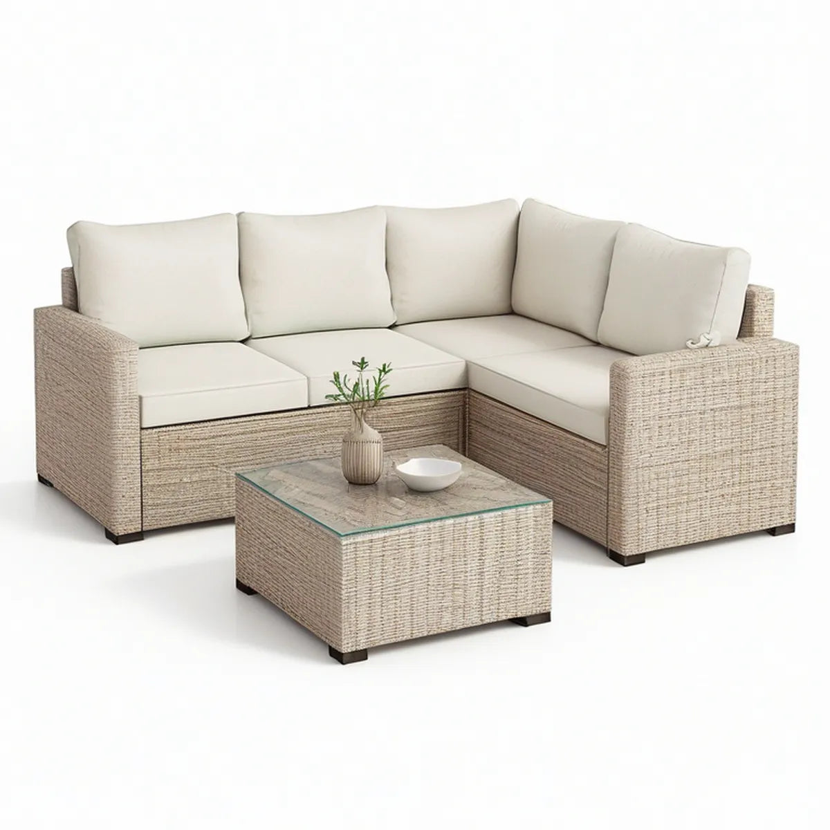 Conjunto de Sofá de Canto para Exterior com Mesa de Centro 200 x 200 cm em Vime PE Bege