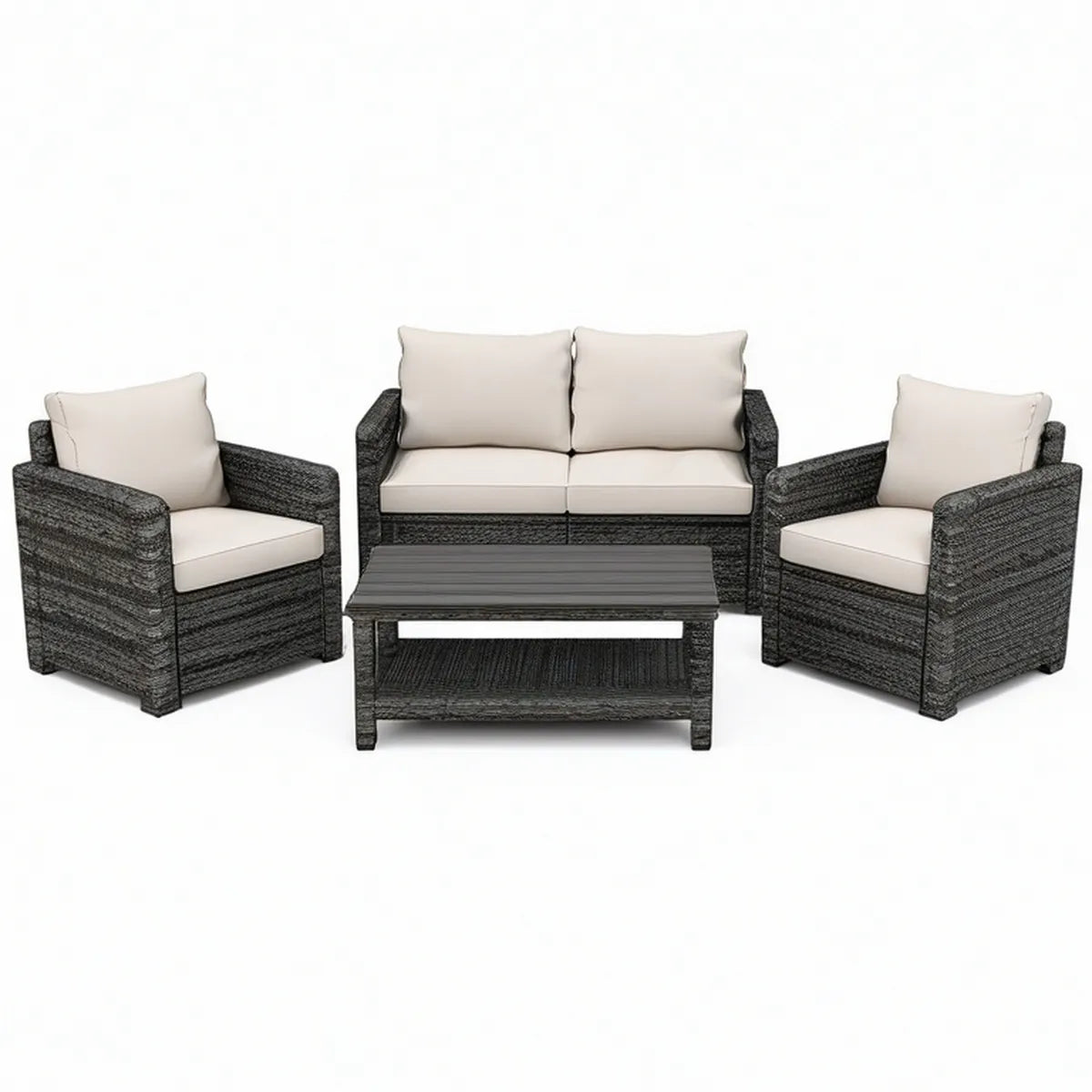 Conjunto de jardim em vime PE cinzento escuro e bege com mesa de 100 x 60 x 45 cm