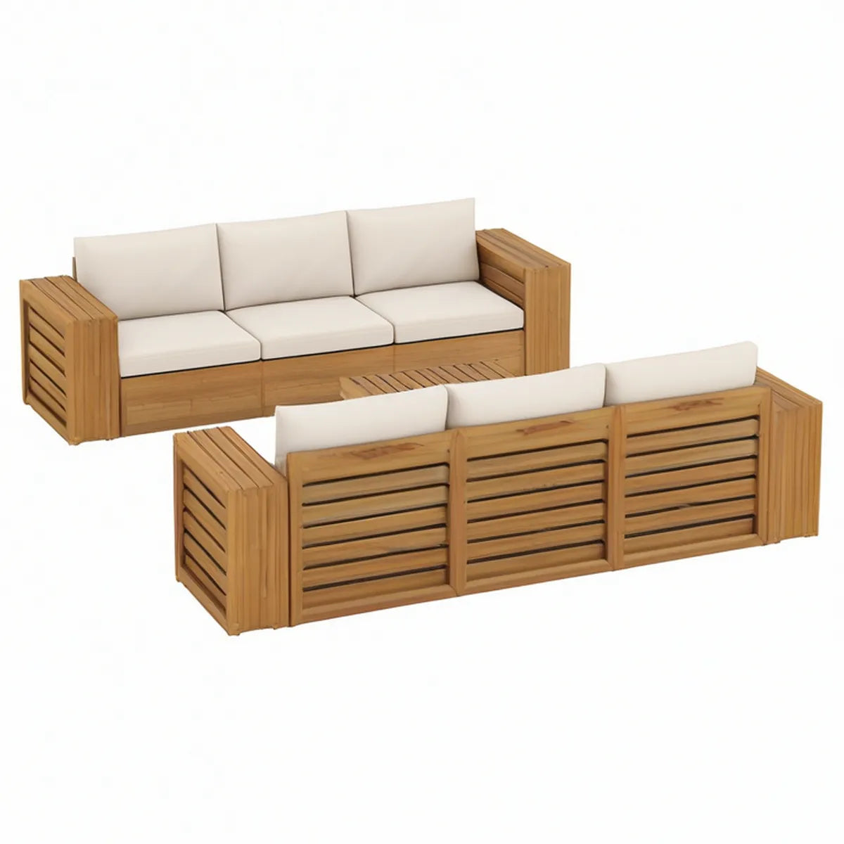 Conjunto de 2 Sofás de Jardim de 3 Lugares em Madeira Maciça de Acácia Castanho com Almofadas Creme, 210 x 70 x 68 cm