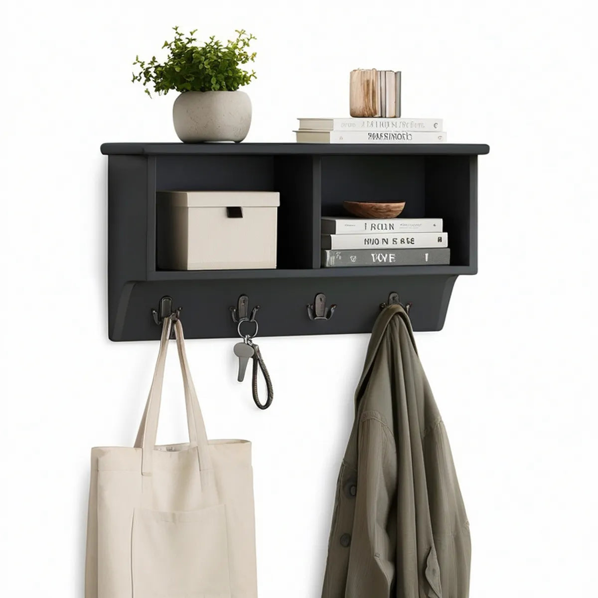 Estante de Parede com 2 Nichos e 4 Ganchos em MDF Preto, 80 x 20 x 40 cm