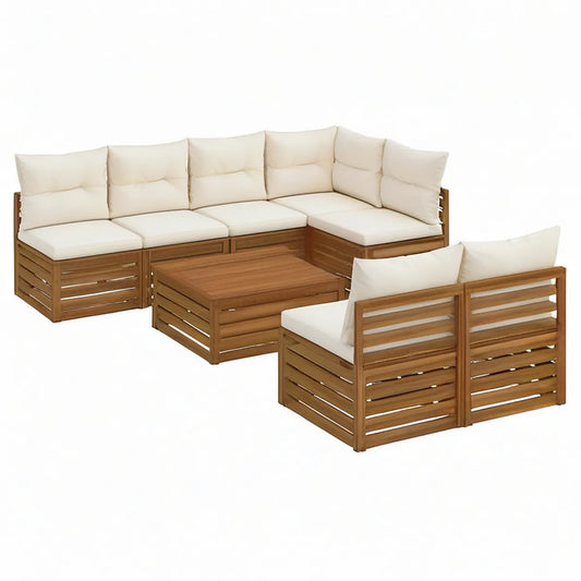 Conjunto de jardim em L com mesa de centro e 2 poltronas, madeira maciça de acácia castanha e almofadas creme, 280 x 210 x 70 cm