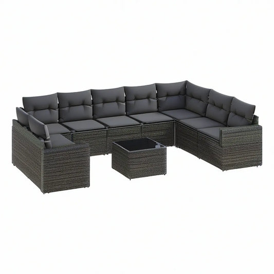 Conjunto Modular em U de 9 Peças para Exterior em Rattan PE Cinzento-Escuro, Módulos 70 x 70 x 60 cm