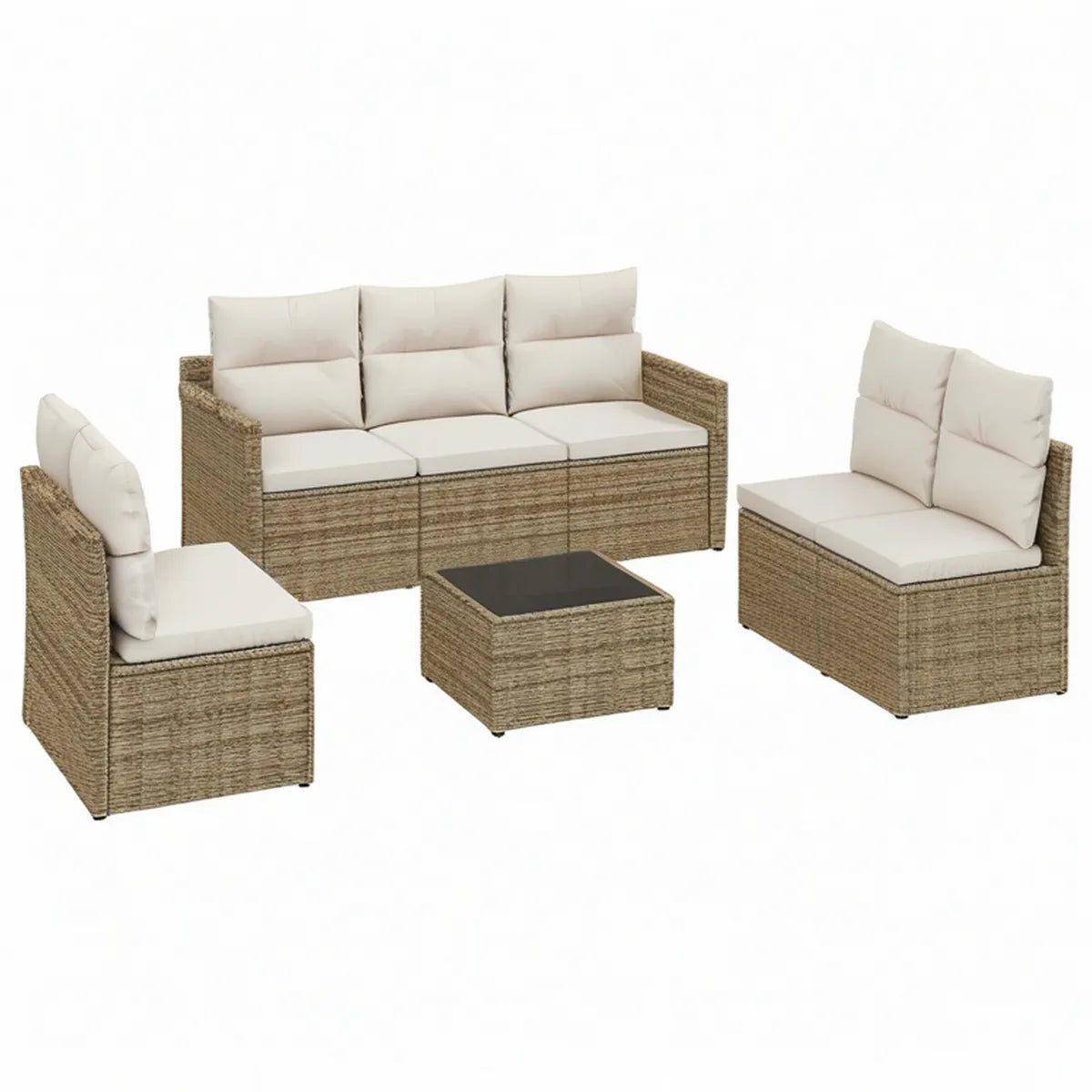 Conjunto de Jardim em Rattan PE Castanho e Bege com Sofá 180 x 58 x 58 cm, 2 Poltronas e Mesa 55 x 55 x 37 cm