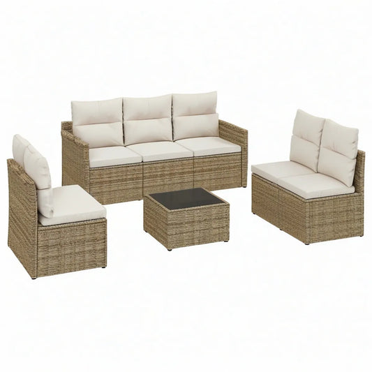 Conjunto de Jardim em Rattan PE Castanho e Bege com Sofá 180 x 58 x 58 cm, 2 Poltronas e Mesa 55 x 55 x 37 cm