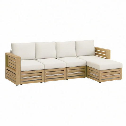 Sofá de Jardim Modular em L de 4 Peças com Almofadas Bege, Madeira Maciça de Acácia, 260 x 195 x 60 cm
