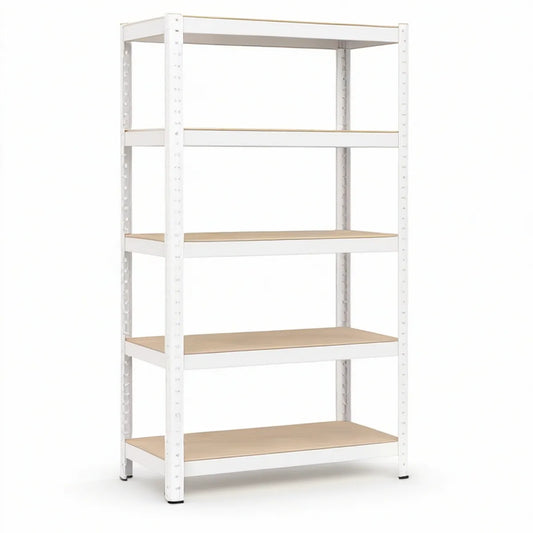 Estante de Arrumação com 5 Prateleiras em Aço e MDF Branco e Madeira Natural, 85 x 40 x 190 cm