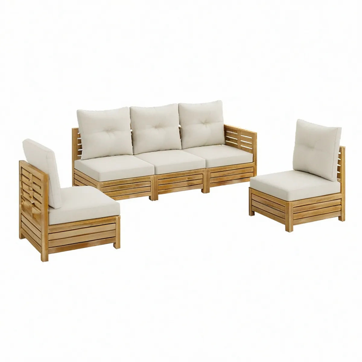 Conjunto de exterior em madeira maciça de acácia com almofadas, castanho e creme, sofá de 3 lugares 180 x 65 x 60 cm e 2 poltronas 60 x 65 x 60 cm