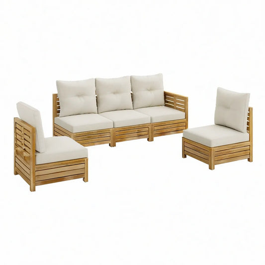 Conjunto de exterior em madeira maciça de acácia com almofadas, castanho e creme, sofá de 3 lugares 180 x 65 x 60 cm e 2 poltronas 60 x 65 x 60 cm