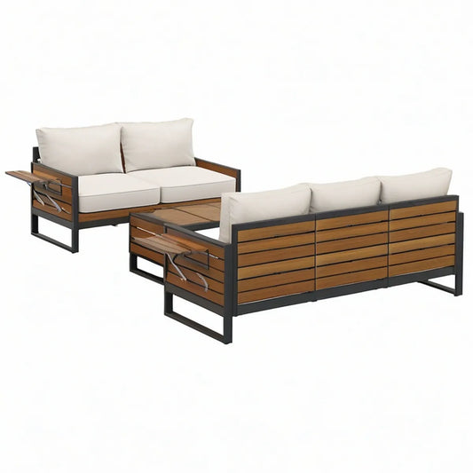 Conjunto de jardim de 3 peças em alumínio e madeira de acácia, Castanho/Preto/Branco, 210 x 140 x 65 cm