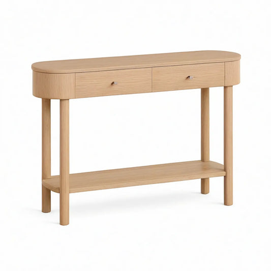 Consola de Entrada Oval com 2 Gavetas e Prateleira, 120 x 35 x 80 cm, Carvalho Natural