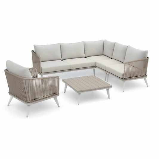 Conjunto de Jardim em Alumínio e Corda PE Bege e Branco, Sofá de Canto 250 x 170 cm