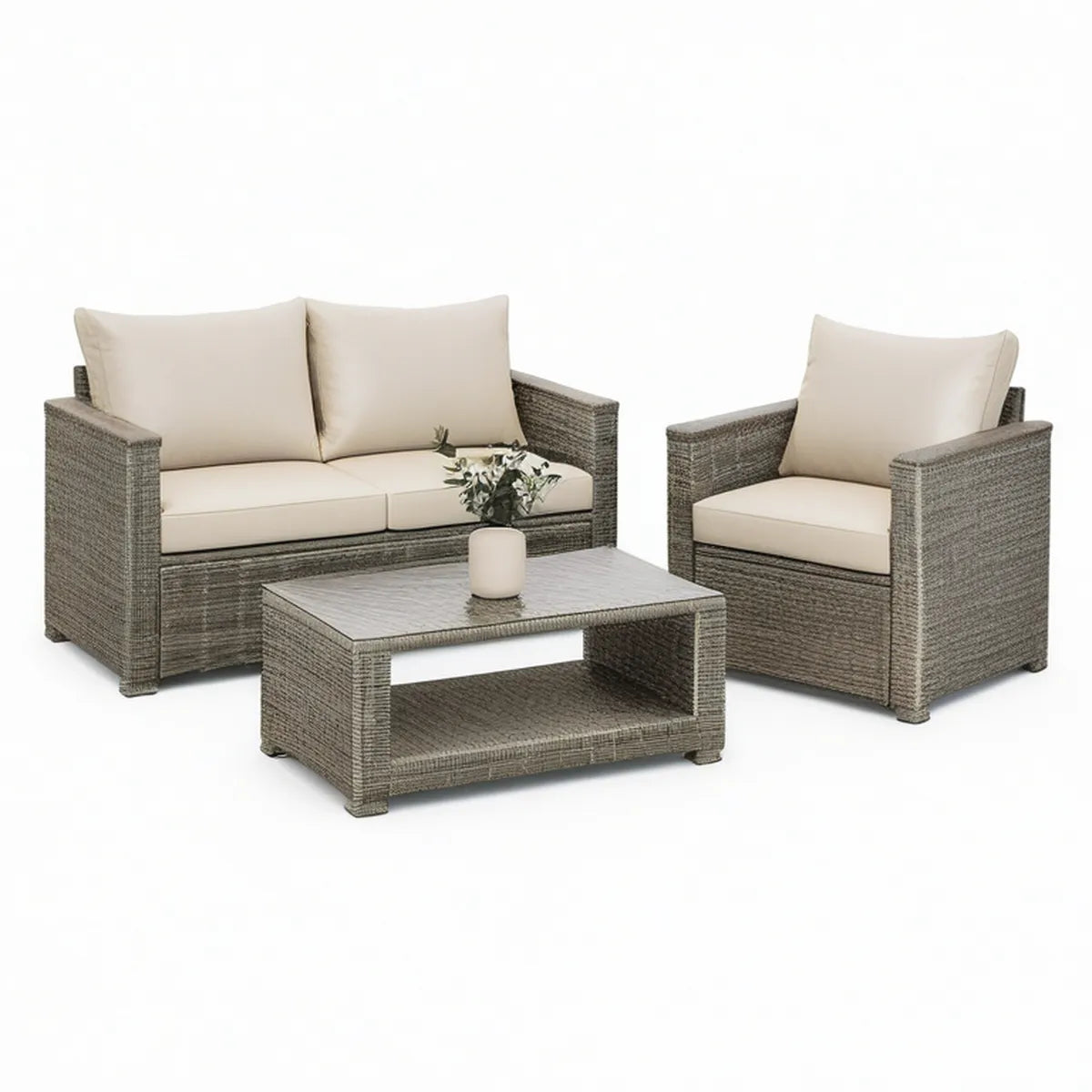 Conjunto de Jardim em Rattan Sintético Cinzento com Almofadas Bege, Sofá 130 x 70 x 75 cm