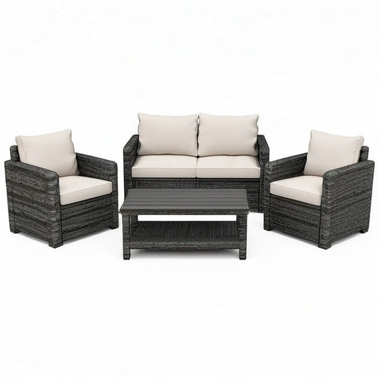 Conjunto de jardim em vime PE cinzento escuro e bege com mesa de 100 x 60 x 45 cm