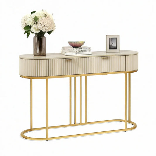 Consola de Entrada Oval com 2 Gavetas, 120 x 35 x 80 cm, Bege e Dourado