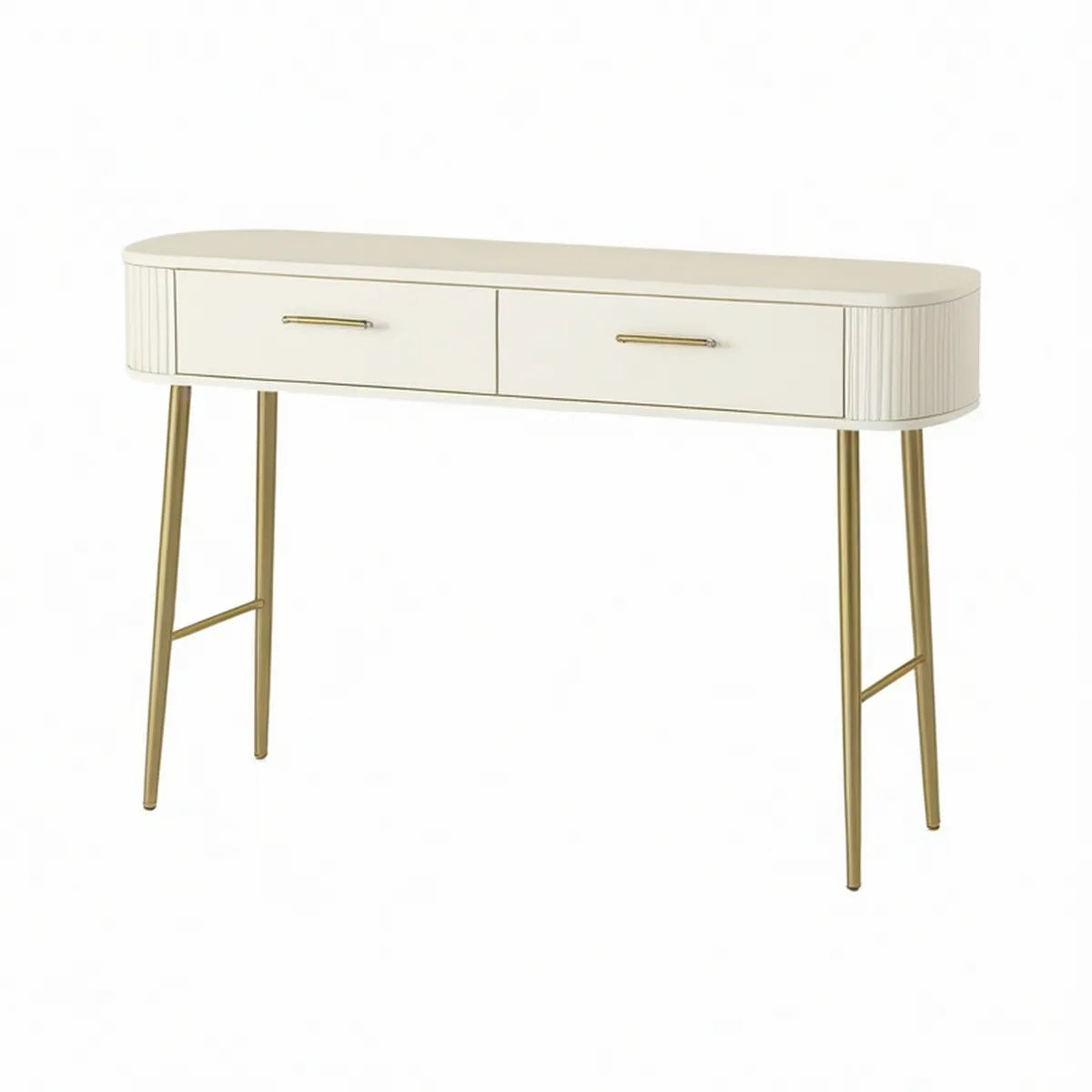 Consola Retangular com 2 Gavetas em MDF Creme e Aço Dourado 120 x 40 x 80 cm