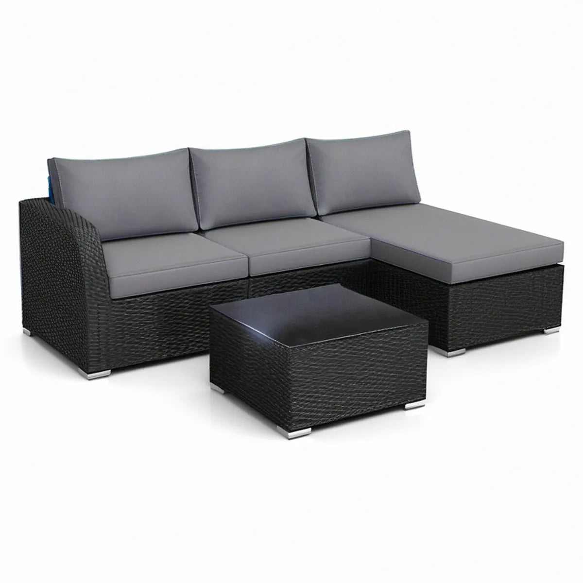 Sofá de Jardim em L com Mesa de Centro 193 x 136 x 65 cm em Vime PE Preto com Almofadas Cinzentas