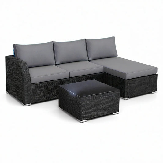 Sofá de Jardim em L com Mesa de Centro 193 x 136 x 65 cm em Vime PE Preto com Almofadas Cinzentas