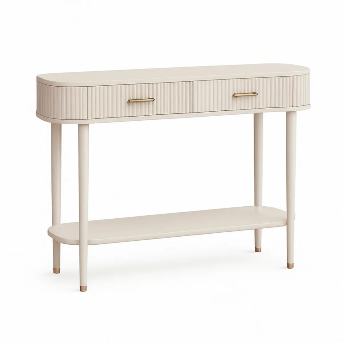 Consola de Entrada em MDF Lacado Bege e Dourado com 2 Gavetas, 120 x 35 x 80 cm