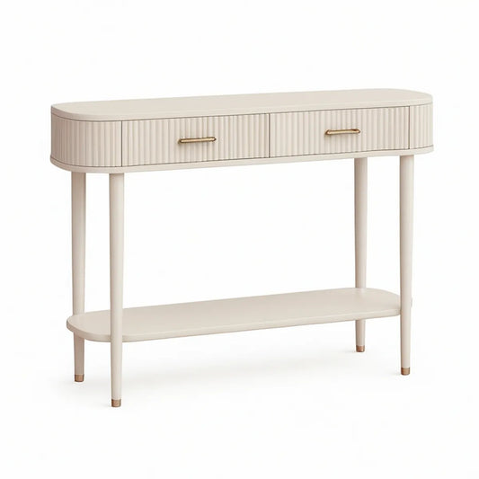 Consola de Entrada em MDF Lacado Bege e Dourado com 2 Gavetas, 120 x 35 x 80 cm
