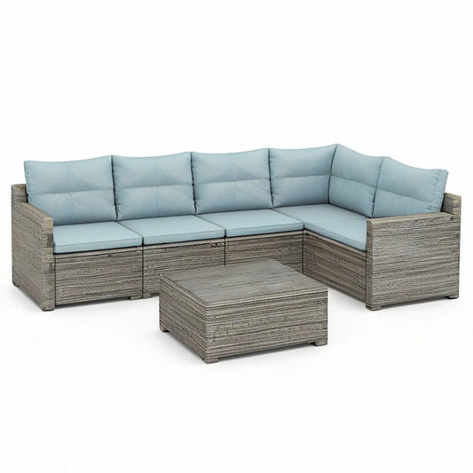 Conjunto de sofá de jardim em L de polirratã cinzento com almofadas azul-claro 210 x 140 x 75 cm