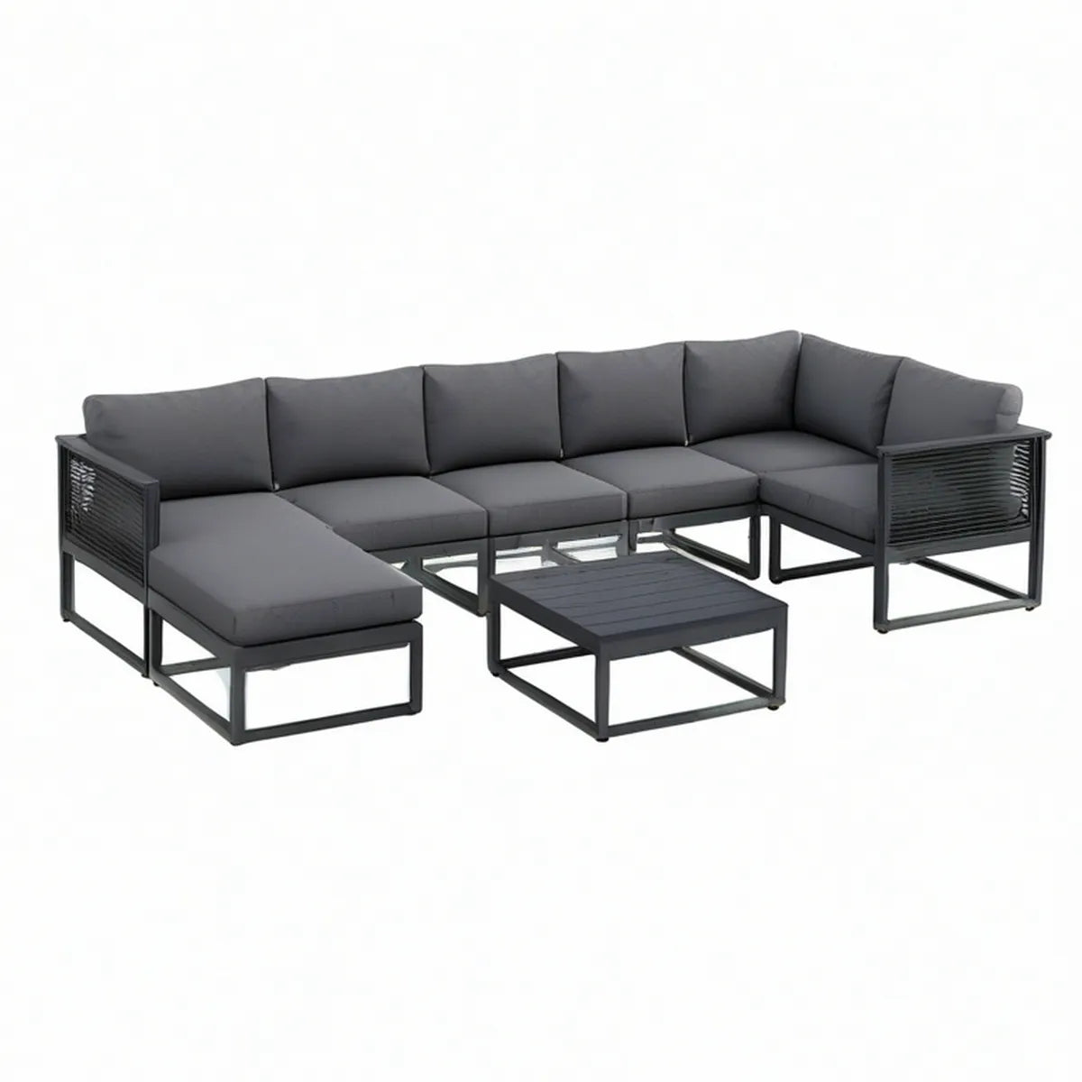 Conjunto modular em L de 6 peças em alumínio preto com almofadas cinzento-escuro, 280 x 210 x 65 cm