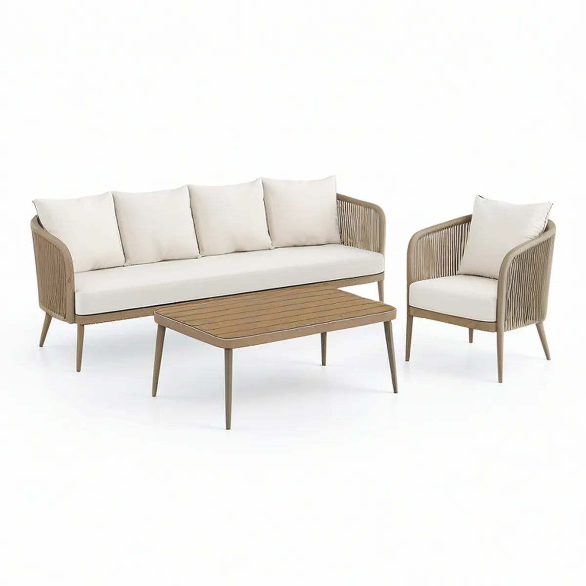 Conjunto de Exterior de 3 Peças em Alumínio e Corda Sintética Bege e Branco Marfim, Sofá 200 x 80 x 75 cm