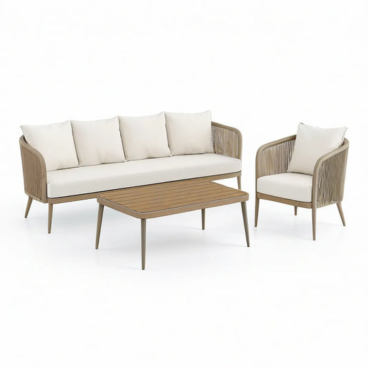 Conjunto de Exterior de 3 Peças em Alumínio e Corda Sintética Bege e Branco Marfim, Sofá 200 x 80 x 75 cm