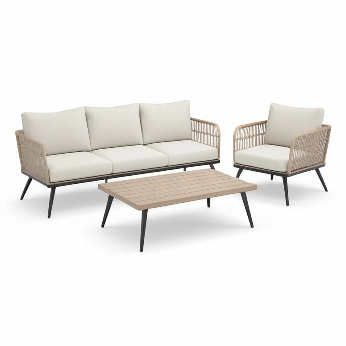 Conjunto de Exterior de 3 Peças em Alumínio Bege e Preto com Sofá 200 x 75 x 78 cm