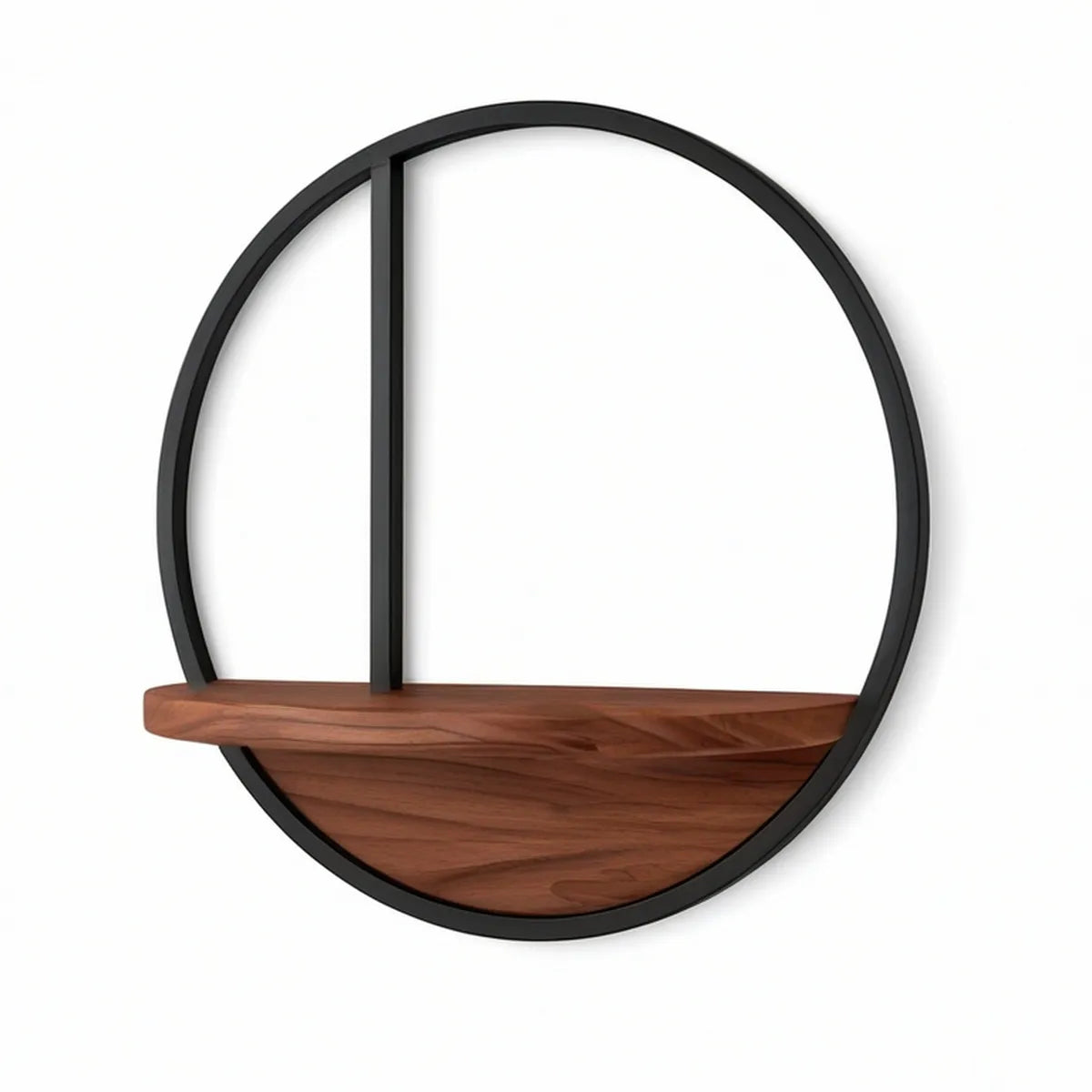 Estante Circular de Parede 80 x 80 x 18 cm em Aço e Madeira Maciça de Nogueira, Preto e Castanho