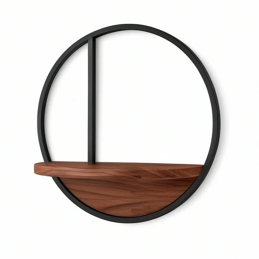 Estante Circular de Parede 80 x 80 x 18 cm em Aço e Madeira Maciça de Nogueira, Preto e Castanho
