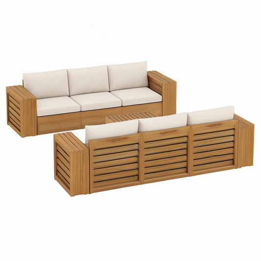 Conjunto de 2 Sofás de Jardim de 3 Lugares em Madeira Maciça de Acácia Castanho com Almofadas Creme, 210 x 70 x 68 cm
