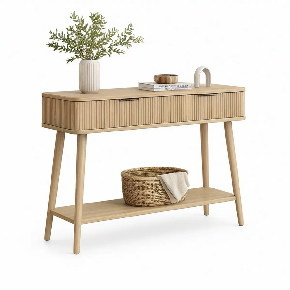 Consola de Entrada em MDF Laminado Carvalho Claro com 2 Gavetas e Prateleira, 120 x 35 x 80 cm